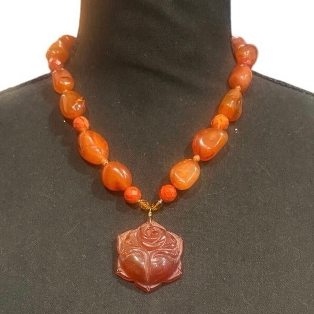Vintage Korea Carnelian Rose Pendant Necklace Hand Carved Statement Floral 111g